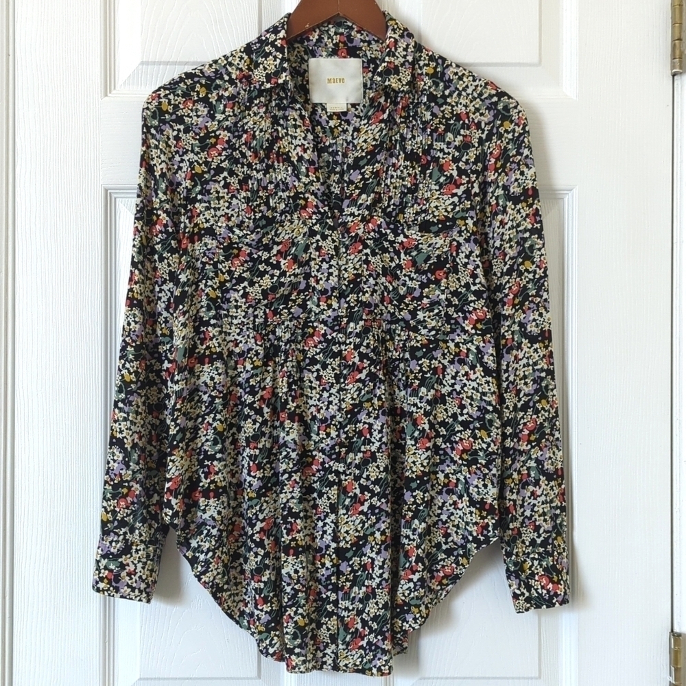 Maeve Anthropologie Matilda Floral Relaxed V-neck Button Down Blouse Black XS